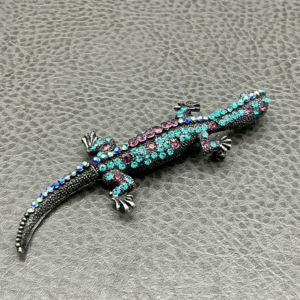 Multicolor Lizard Brooch Pin Turquoise Purple Rhinestone Reptile Animal Jewelry